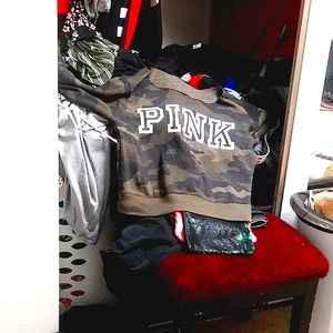 Vs Victorias Secret Pink Lounge Crop Crew Sweater Jacket Top Camo Script M
